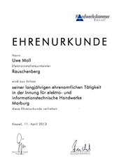 Herr Uwe Moll, Ehrenurkunde für langjährige ehrenamtliche Tätigkeiten